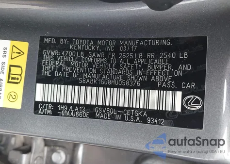 2017 Lexus Es 350 from USA, damaged, VIN 58ABK1GG8HU058376